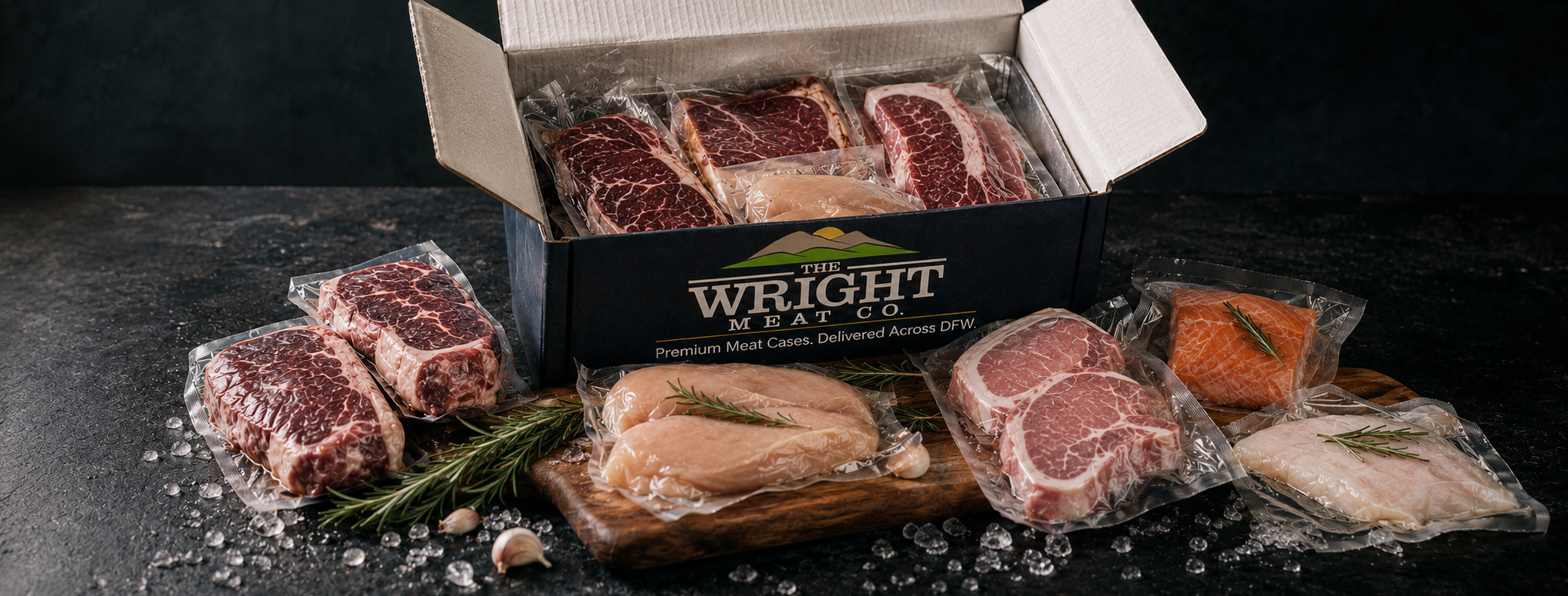 Individually portioned beef, chicken, salmon and shrimp in an insulated delivery box